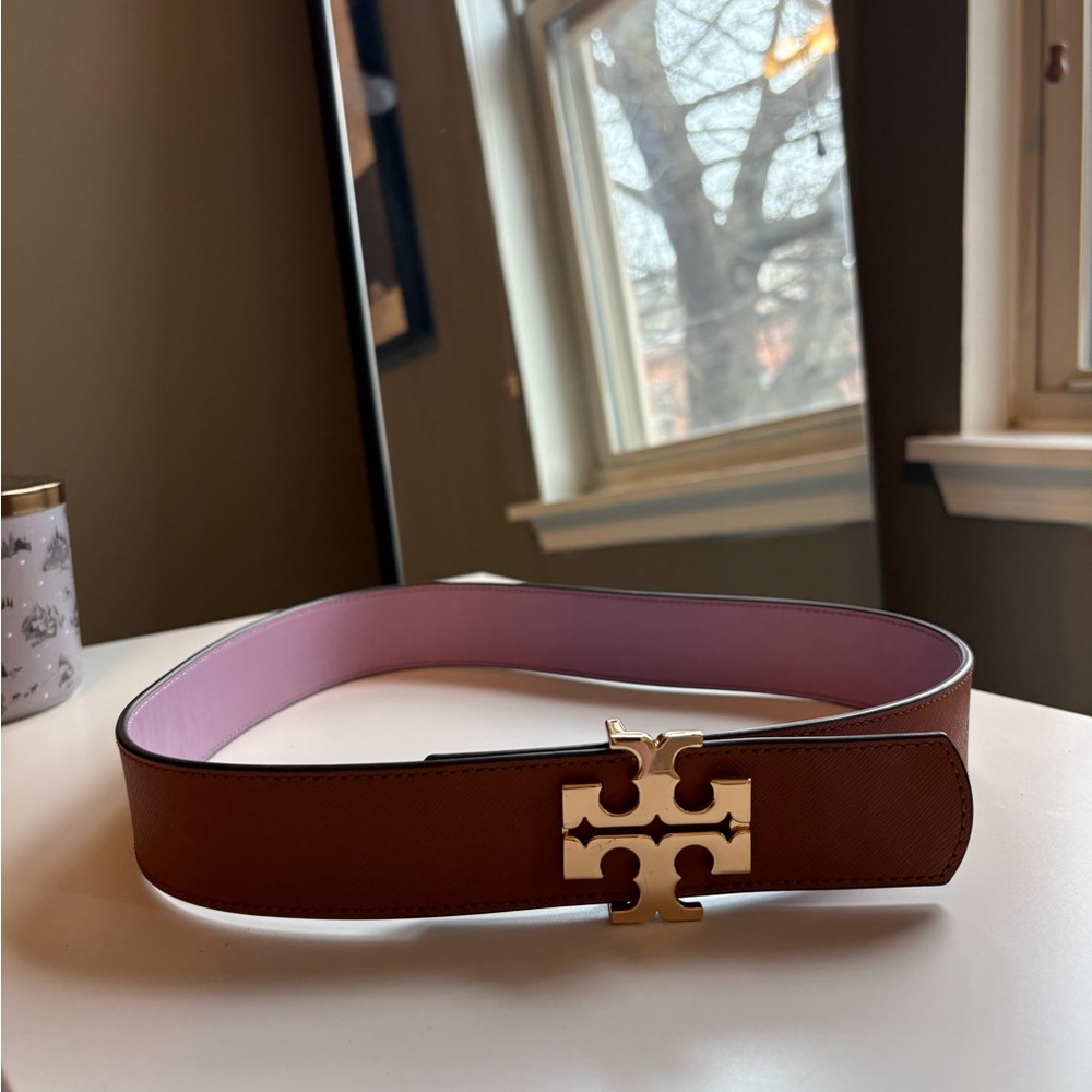 Tory Burch Brown Belt with Gold Logo Buckle